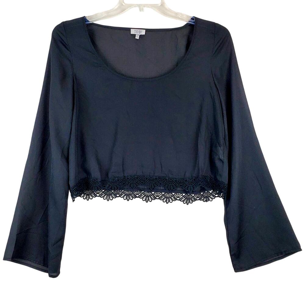 TOBI Black Sheer Crop Top (L) Crochet Lace Trim Wide Sleeve Whimsigoth Blouse